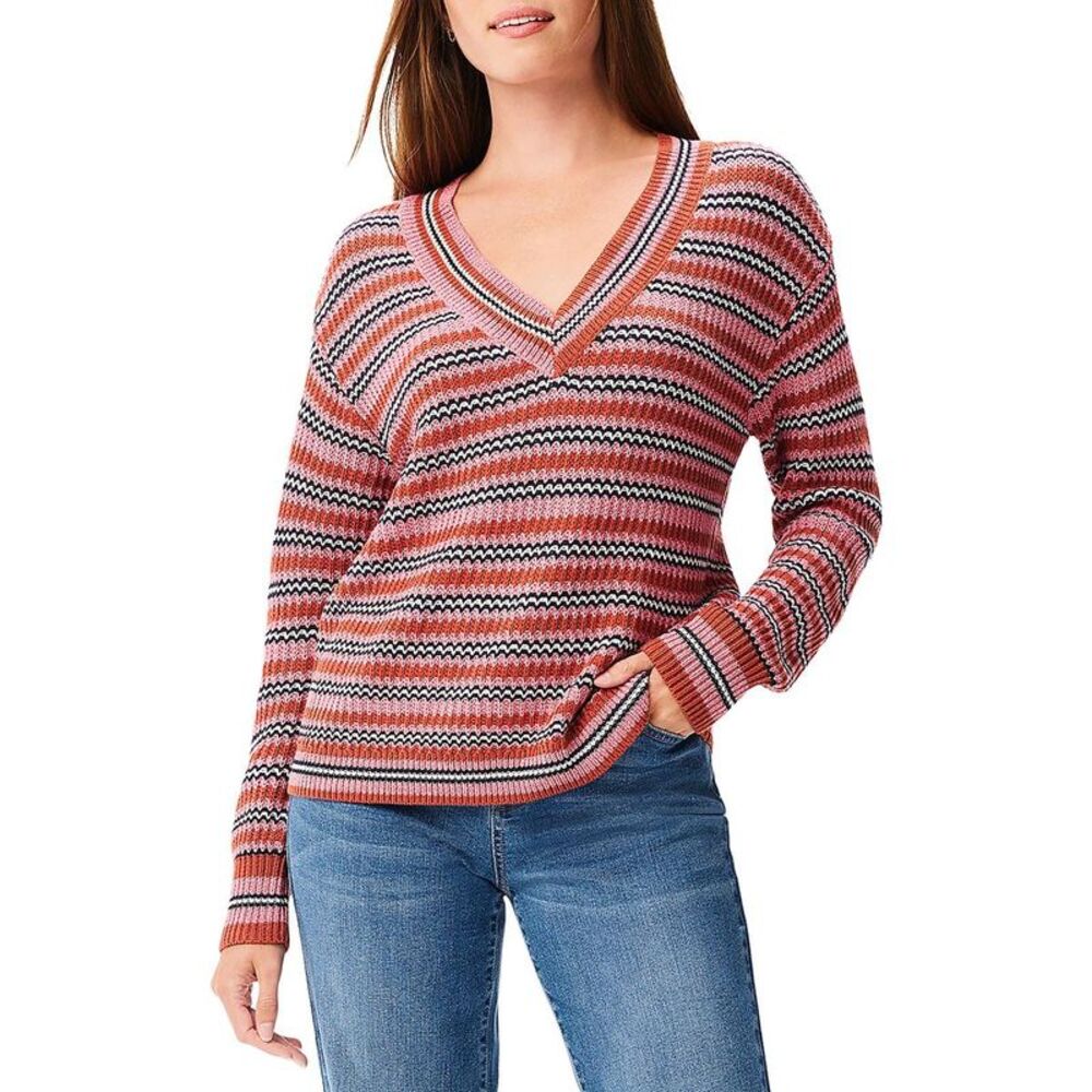 Nic + Zoe Womens Pink Ribbed Striped V Neck Pullover Sweater Top NWT